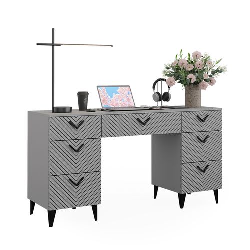 Bureau Anett 43659 Gris 150x45cm Avec 7 Tiroirs