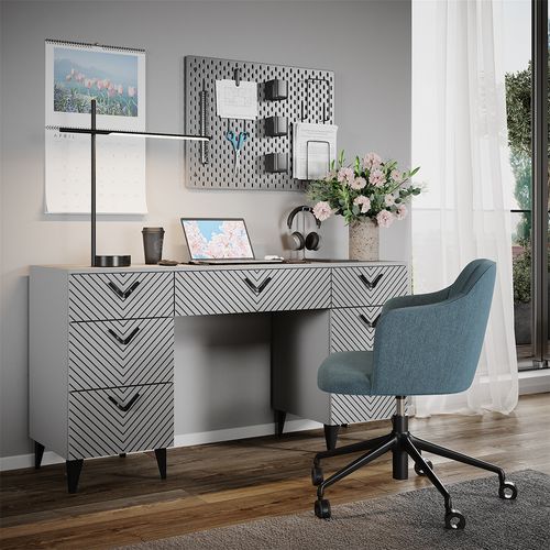 Bureau Anett 43659 Gris 150x45cm Avec 7 Tiroirs