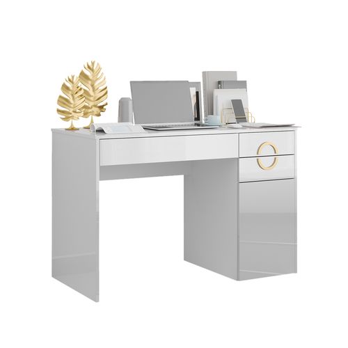 Bureau Adela, Blanc Haute Brillance, 115x55cm Avec 3 Tiroirs