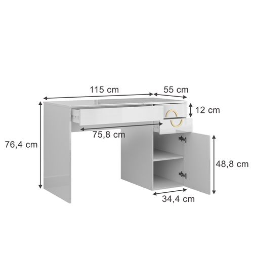Bureau Adela, Blanc Haute Brillance, 115x55cm Avec 3 Tiroirs