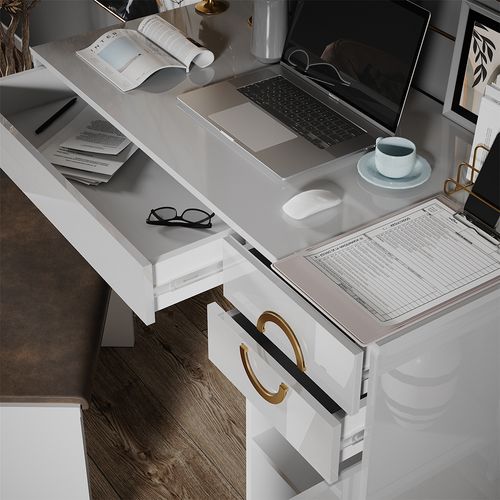 Bureau Adela, Blanc Haute Brillance, 115x55cm Avec 3 Tiroirs