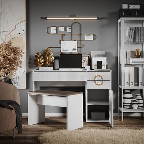 Bureau Adela, Blanc Haute Brillance, 115x55cm Avec 3 Tiroirs