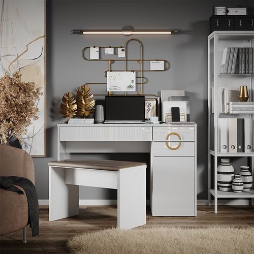 Bureau Adela, Blanc Haute Brillance, 115x55cm Avec 3 Tiroirs