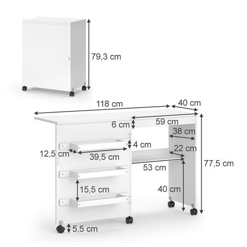 La Table De Couture Carmen 42065 Blanc 118x77.5cm Avec 3 Étagères
