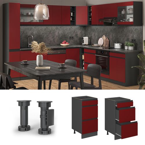 Meuble Cuisine R-line 45645 Rouge 40cm  J-shape Avec Tiroirs, Pt Chêne