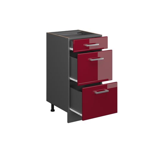 Meuble Cuisine R-line 45696 Rouge Brillant 40cm Avec Tiroirs, Pt Anthracite