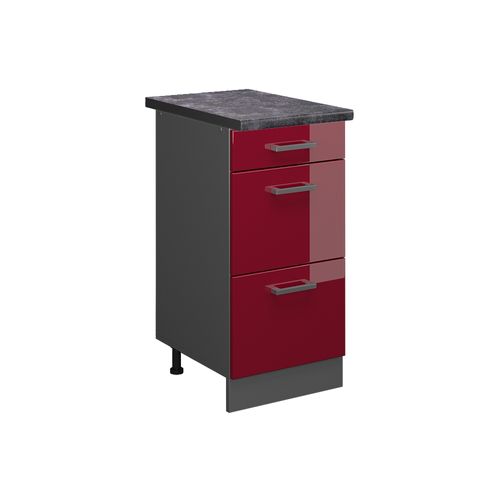 Meuble Cuisine R-line 45696 Rouge Brillant 40cm Avec Tiroirs, Pt Anthracite