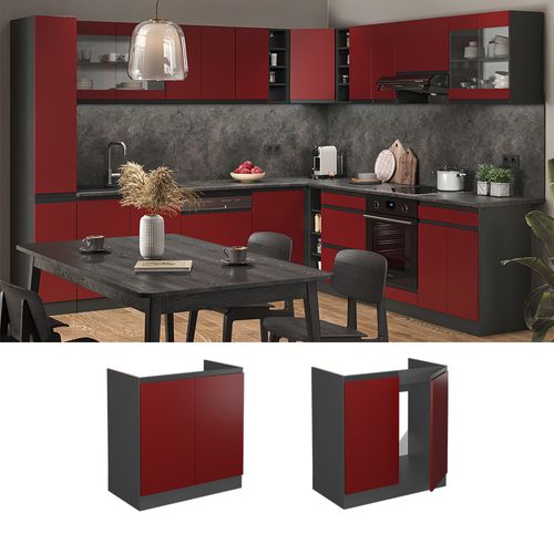 Meuble Bas Sous-évier R-line 45710 Rouge 80cm  J-shape, Pt Anthracite