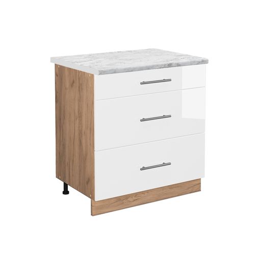 Meuble Cuisine Fame-line 45811 Blanc Haute Brillance 80cm Avec 3 Tiroirs, Pt Marbre