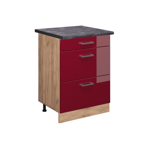 Meuble Cuisine R-line 45829 Rouge Brillant 60cm Avec Tiroirs, Pt Anthracite