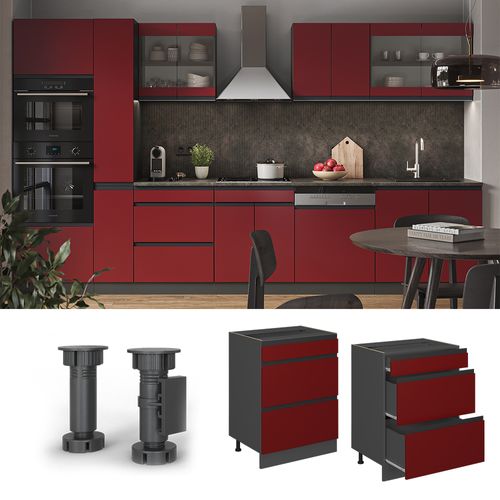 Meuble Cuisine R-line 45920 Rouge 60cm  J-shape Avec Tiroirs, Pt Anthracite