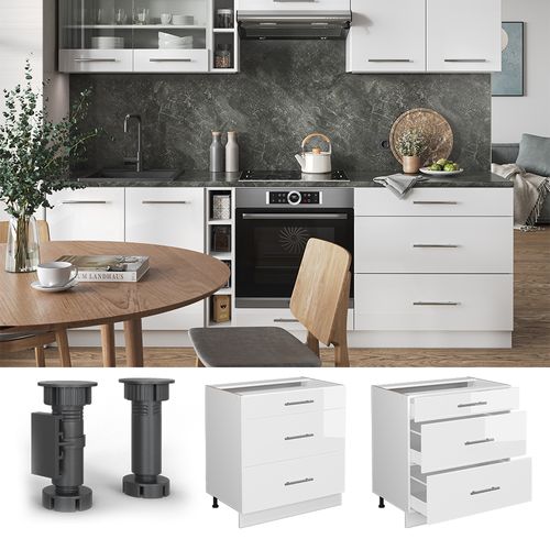 Meuble Cuisine Fame-line 45949 Blanc Haute Brillance 80cm Avec 3 Tiroirs, Pt Chêne