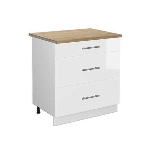 Meuble Cuisine Fame-line 45949 Blanc Haute Brillance 80cm Avec 3 Tiroirs, Pt Chêne