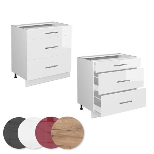 Meuble Cuisine Fame-line 45949 Blanc Haute Brillance 80cm Avec 3 Tiroirs, Pt Chêne