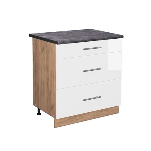 Meuble Cuisine Fame-line 46043 Blanc Haute Brillance 80cm Avec 3 Tiroirs, Pt Anthracite