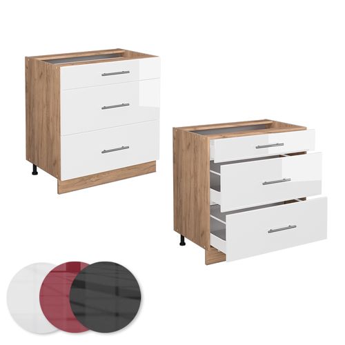 Meuble Cuisine Fame-line 46043 Blanc Haute Brillance 80cm Avec 3 Tiroirs, Pt Anthracite