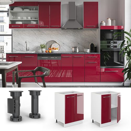 Meuble Bas De Cuisine Fame-line 46241 Rouge Bordeaux Haute Brillance 60cm , Pt Anthracite