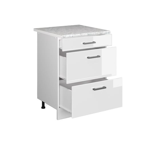 Meuble Cuisine R-line 46428 Blanc Haute Brillance 60cm Avec Tiroirs, Pt Chêne