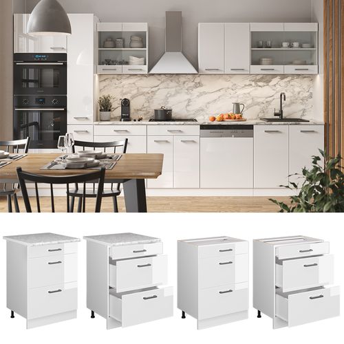 Meuble Cuisine R-line 46428 Blanc Haute Brillance 60cm Avec Tiroirs, Pt Chêne