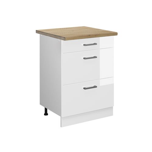 Meuble Cuisine R-line 46428 Blanc Haute Brillance 60cm Avec Tiroirs, Pt Chêne