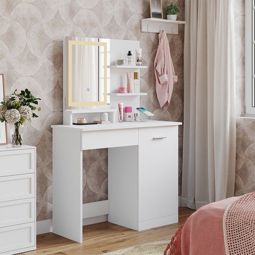 Coiffeuse Julia 41568 Blanc 90cm Avec Miroir LED Et Station De Recharge Qi