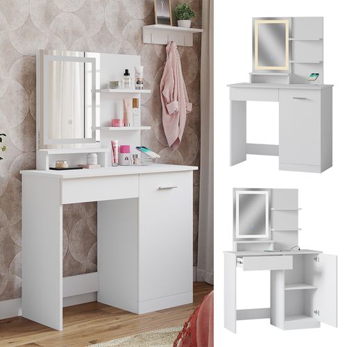 Coiffeuse Julia 41568 Blanc 90cm Avec Miroir LED Et Station De Recharge Qi