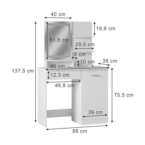 Coiffeuse Julia 41568 Blanc 90cm Avec Miroir LED Et Station De Recharge Qi