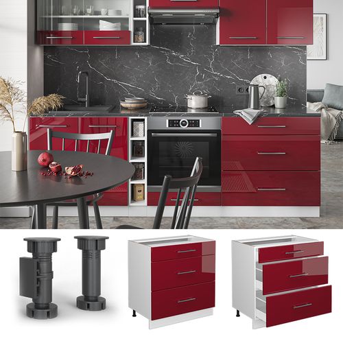 Meuble Cuisine Fame-line 46540 Rouge Bordeaux Haute Brillance 80cm Avec 3 Tiroirs, Pt Chêne