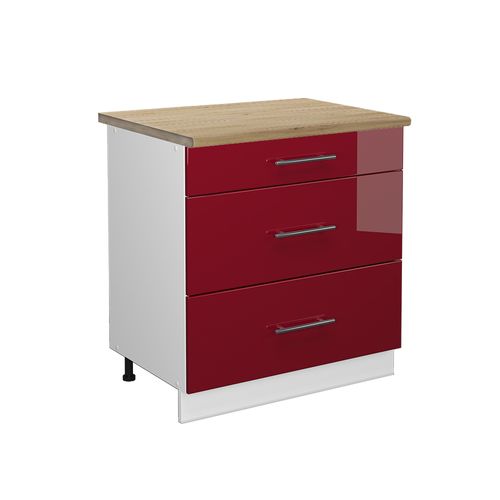 Meuble Cuisine Fame-line 46540 Rouge Bordeaux Haute Brillance 80cm Avec 3 Tiroirs, Pt Chêne