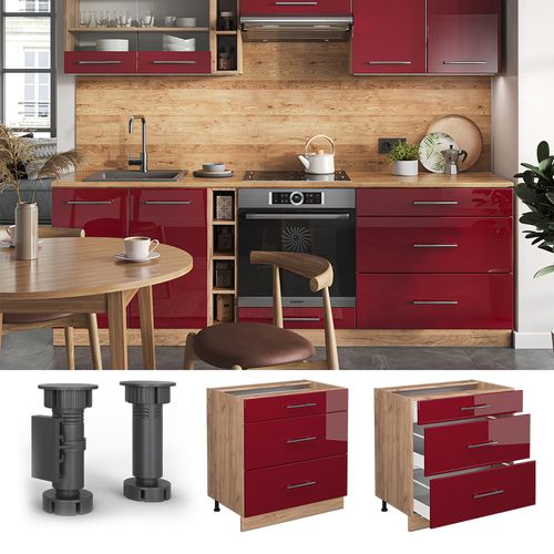 Meuble Cuisine Fame-line 46711 Rouge Bordeaux Haute Brillance 80cm Avec 3 Tiroirs, Pt Chêne