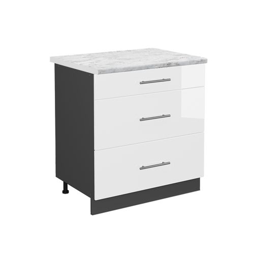 Meuble Cuisine Fame-line 46736 Blanc Haute Brillance 80cm Avec 3 Tiroirs, Pt Marbre