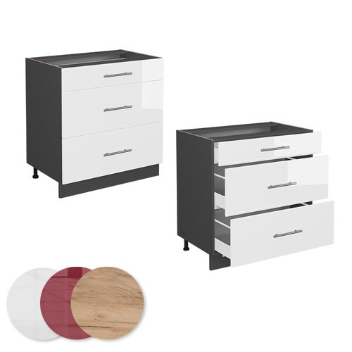 Meuble Cuisine Fame-line 46736 Blanc Haute Brillance 80cm Avec 3 Tiroirs, Pt Marbre