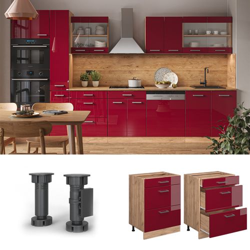 Meuble Cuisine R-line 46780 Rouge Brillant 60cm Avec Tiroirs, Pt Chêne