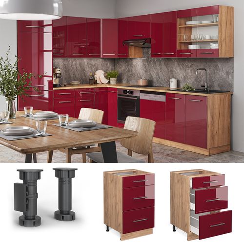 Meuble Cuisine Fame-line 46791 Rouge Bordeaux Haute Brillance 50cm , Pt Marbre