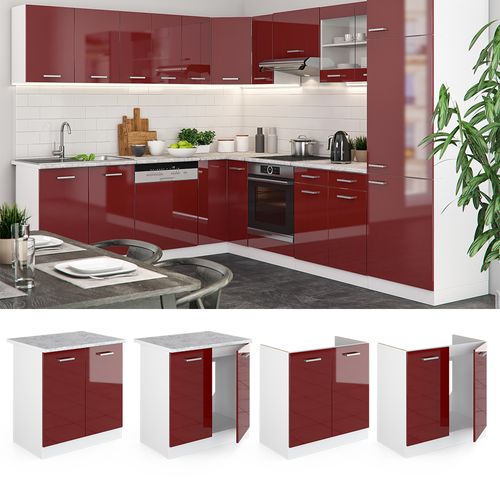 Meuble Bas Sous-évier R-line 46823 Rouge Brillant 80cm , Pt Anthracite