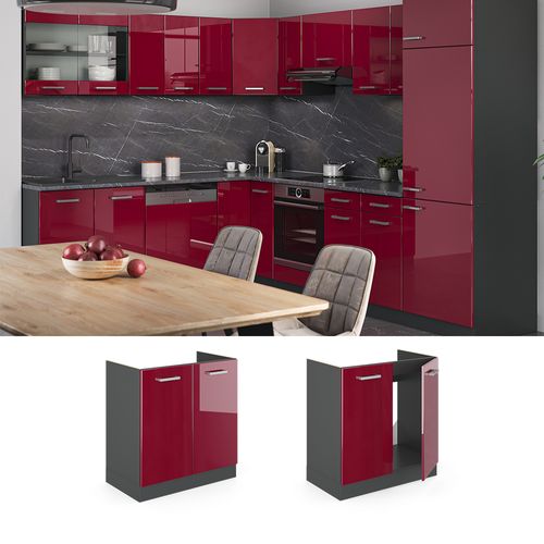 Meuble Bas Sous-évier R-line 46825 Rouge Brillant 80cm Pt Marbre