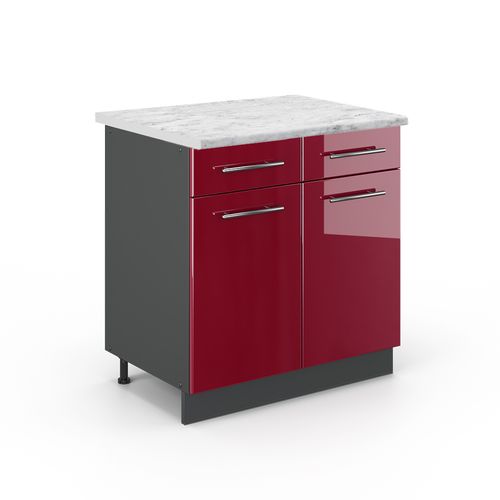Meuble Cuisine Fame-line 46851 Rouge Bordeaux Haute Brillance 80cm , Pt Marbre
