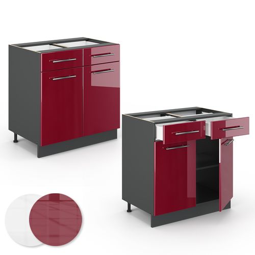 Meuble Cuisine Fame-line 46851 Rouge Bordeaux Haute Brillance 80cm , Pt Marbre