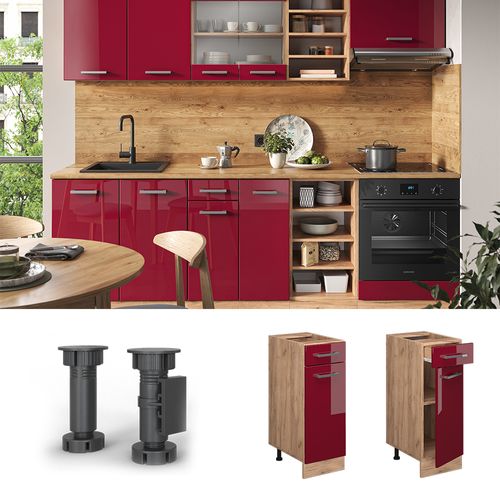 Meuble Cuisine R-line 46872 Rouge Brillant 30cm , Pt Chêne