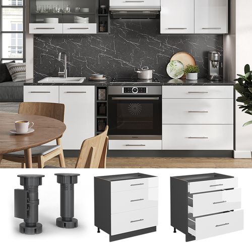 Meuble Cuisine Fame-line 46953 Blanc Haute Brillance 80cm Avec 3 Tiroirs, Pt Chêne