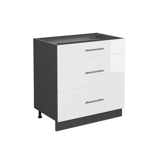 Meuble Cuisine Fame-line 46953 Blanc Haute Brillance 80cm Avec 3 Tiroirs, Pt Chêne