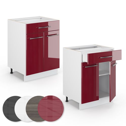 Meuble Cuisine Fame-line 46986 Rouge Bordeaux Haute Brillance 60cm Avec Tiroir, Pt Marbre