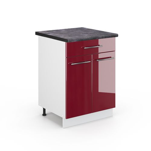 Meuble Cuisine Fame-line 47004 Rouge Bordeaux Haute Brillance 60cm Avec Tiroir, Pt Anthracite