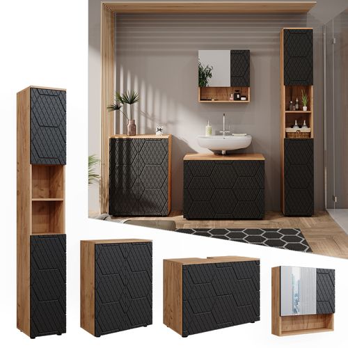 Ensemble Meubles Bain Irma, Anthracite Rayé, 4 Pièces, Avec Armoire à Tiroirs Et Armoire Middle
