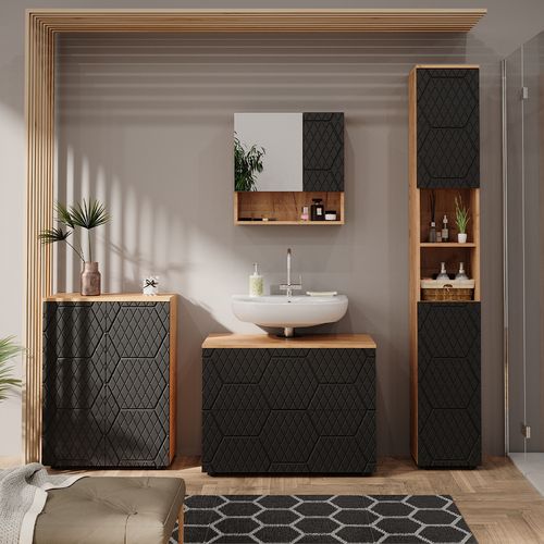 Ensemble Meubles Bain Irma, Anthracite Rayé, 4 Pièces, Avec Armoire à Tiroirs Et Armoire Middle