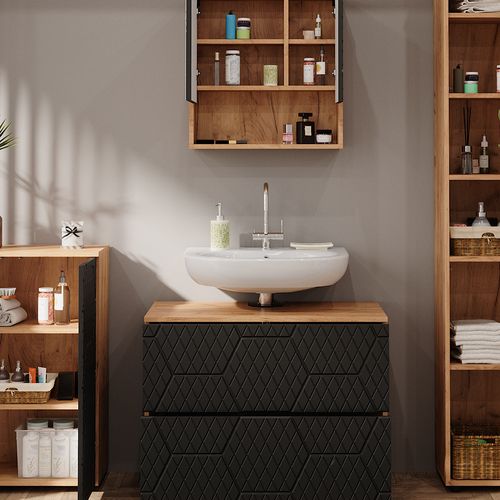 Ensemble Meubles Bain Irma, Anthracite Rayé, 4 Pièces, Avec Armoire à Tiroirs Et Armoire Middle