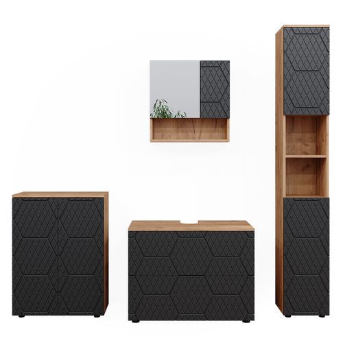 Ensemble Meubles Bain Irma, Anthracite Rayé, 4 Pièces, Avec Armoire à Tiroirs Et Armoire Middle