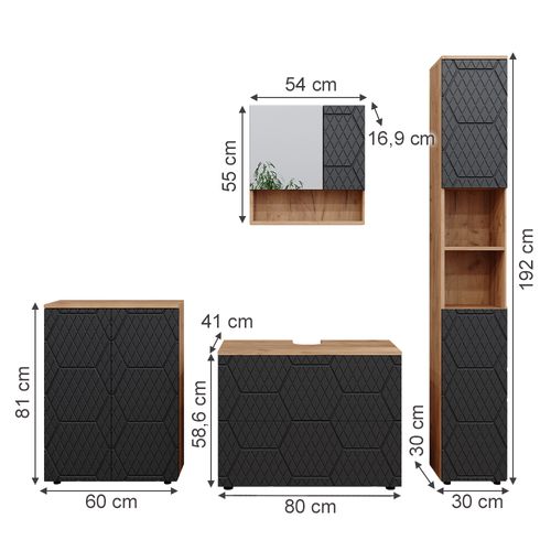 Ensemble Meubles Bain Irma, Anthracite Rayé, 4 Pièces, Avec Armoire à Tiroirs Et Armoire Middle