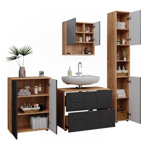 Ensemble Meubles Bain Irma, Anthracite Rayé, 4 Pièces, Avec Armoire à Tiroirs Et Armoire Middle