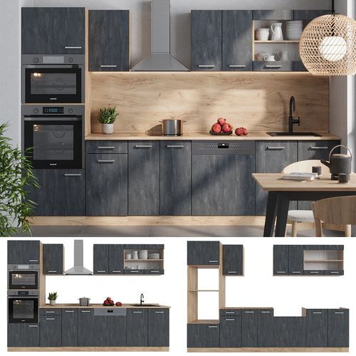 Cuisine R-line 47368 Béton Noir/chêne Doré 300cm Pt Marbre